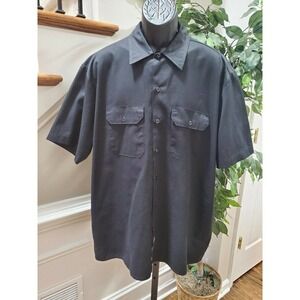 Dickies Men Solid Black Polyester Short Sleeve Collared Button Down Shirt XL
